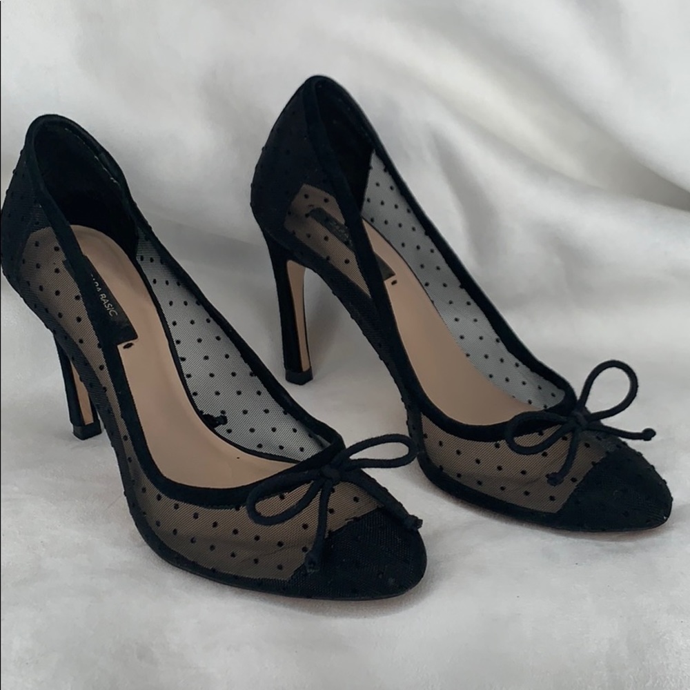 Zara Black Sheer Polka Dot Bow High Heels
